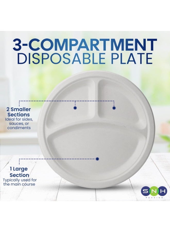 SNH Packing أطباق disposable بيضاء ثلاثية الأقسام 10" من SNH Packing [25 عبوة] - أطباق من قصب السكر الثقيلة، صديقة للبيئة، قابلة للتحلل، قابلة للتسميد، آمنة للاستخدام في الميكروويف ومقاومة للتسرب للحفلات والنزهات والعشاء. - Image 3